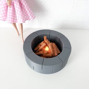 Charcoal Miniature Round Firepit W/Flickering Logs Barbie 1:6 Scale Realistic